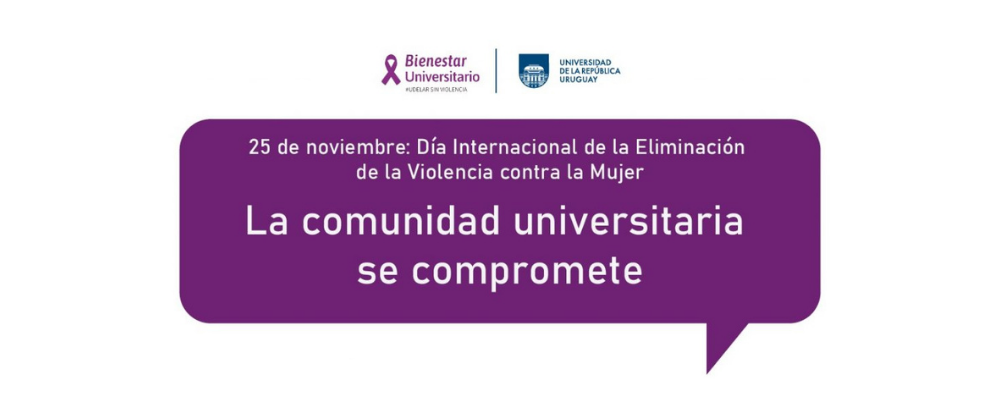 Imagen de burbuja de cómic en color violeta con texto: 25 de noviembre: Día Internacional de la Eliminación de la Violencia contra la Mujer. La comunidad universitaria se compromete